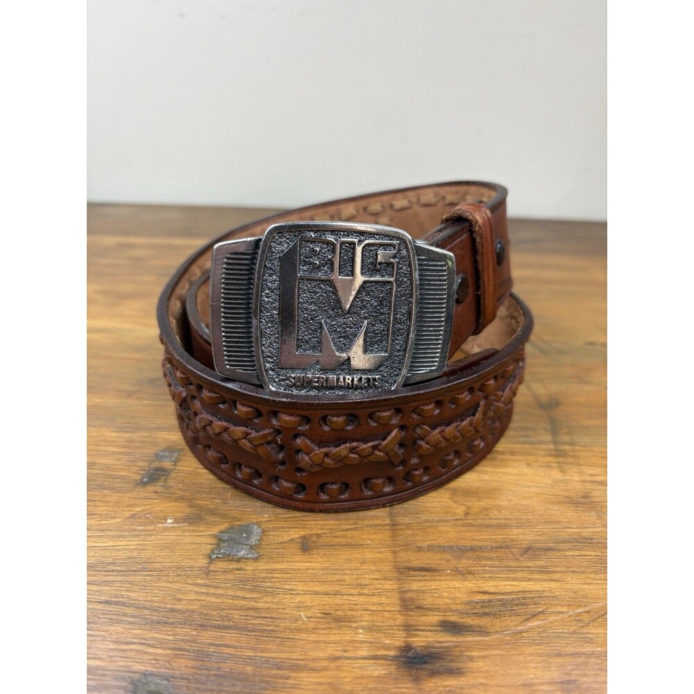 Vintage Big M Supermarkets Advertising Belt Buckle Size 34 Tooled Leather Belt